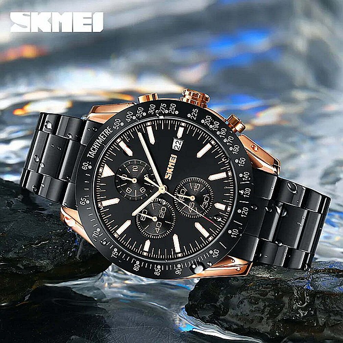 Ceas de barbati Skmei 9253 curea inox, afisaj data, chronograf [5]