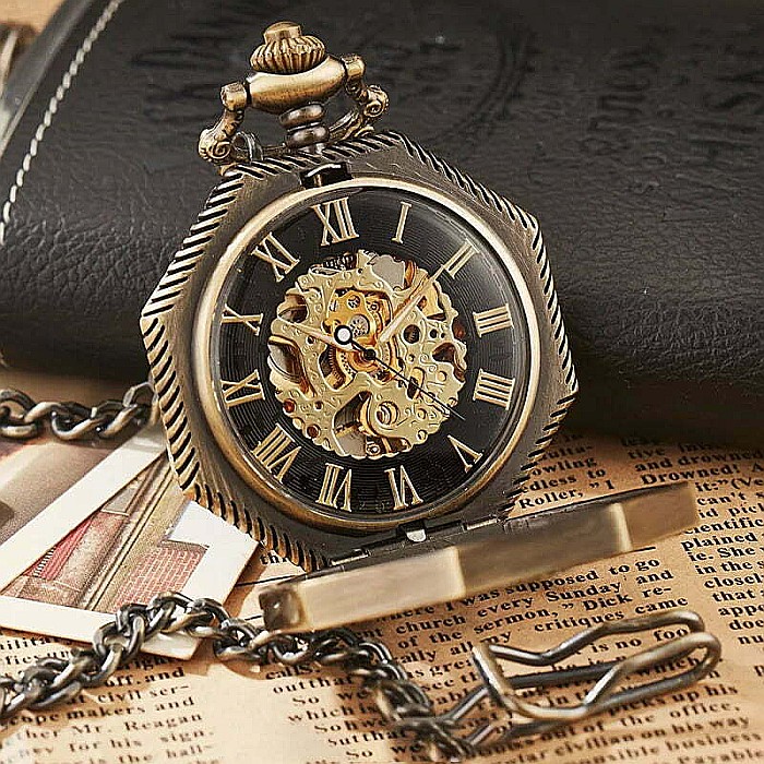 Ceas de buzunar MBrands, negru cu albastru, skeleton, Mecanic, cu lant , stil Vintage, octagon [2]