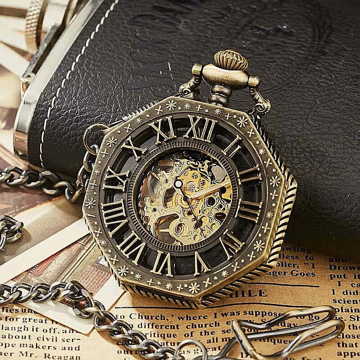 Ceas de buzunar MBrands, negru cu albastru, skeleton, Mecanic, cu lant , stil Vintage, octagon [1]