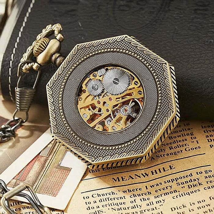 Ceas de buzunar MBrands, negru cu albastru, skeleton, Mecanic, cu lant , stil Vintage, octagon [3]