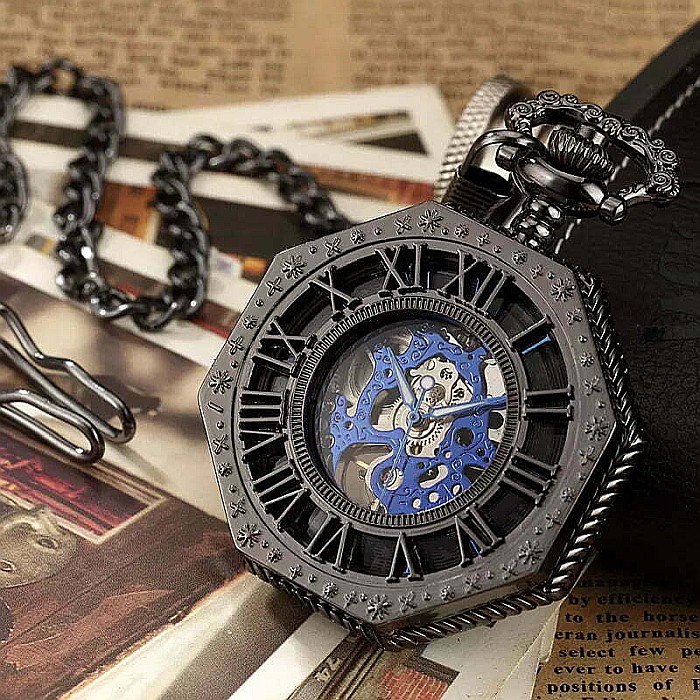 Ceas de buzunar MBrands, negru cu albastru, skeleton, Mecanic, cu lant , stil Vintage, octagon [1]