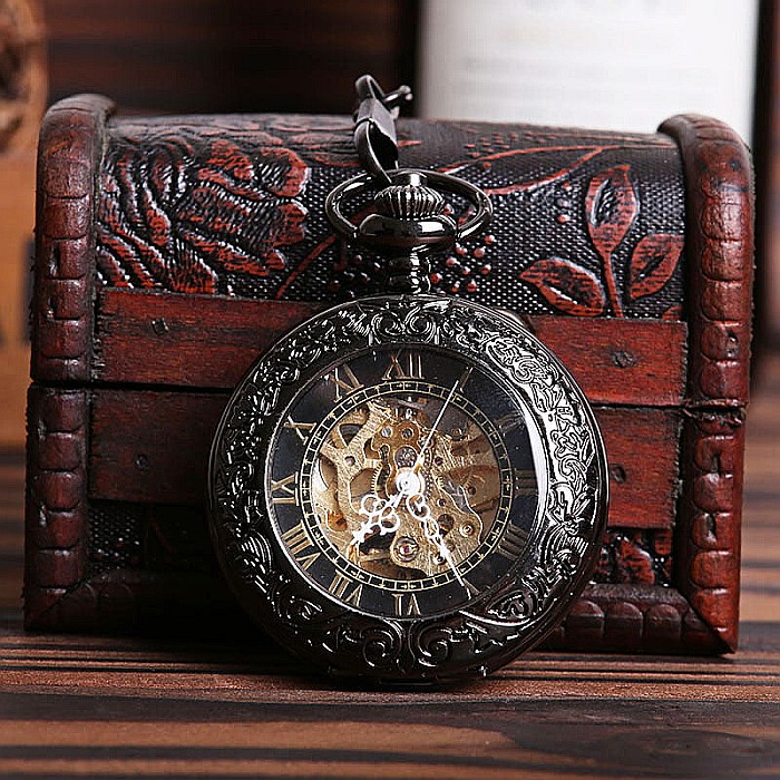 Ceas de buzunar MBrands, negru cu auriu, skeleton, Mecanic, cu lant , stil Vintage , cutie [2]