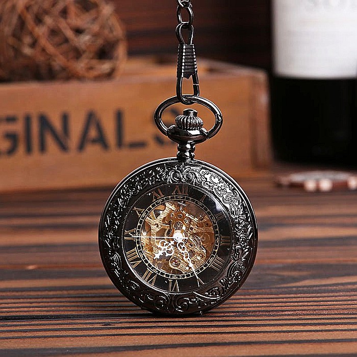 Ceas de buzunar MBrands, negru cu auriu, skeleton, Mecanic, cu lant , stil Vintage , cutie [3]
