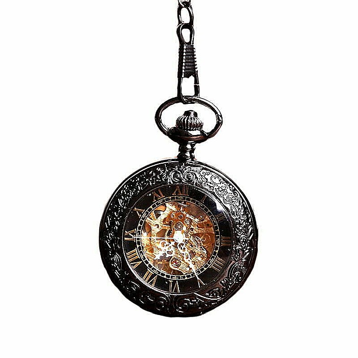 Ceas de buzunar MBrands, negru cu auriu, skeleton, Mecanic, cu lant , stil Vintage , cutie [1]