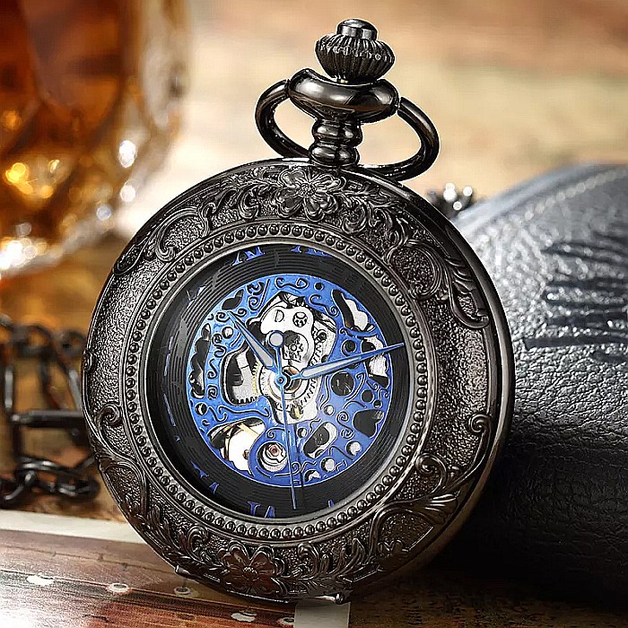 Ceas de buzunar MBrands,  skeleton, Mecanic, cu lant , rotund [3]
