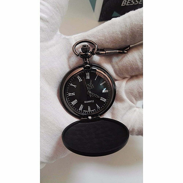 Ceas de buzunar negru mat MBrands cu lant negru, Quartz, stil Vintage [5]