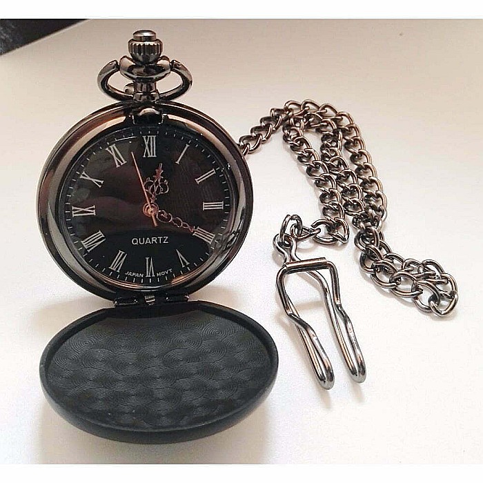 Ceas de buzunar negru mat MBrands cu lant negru, Quartz, stil Vintage [3]