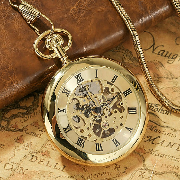 Ceas de buzunar  skeleton cu lant , auriu [3]