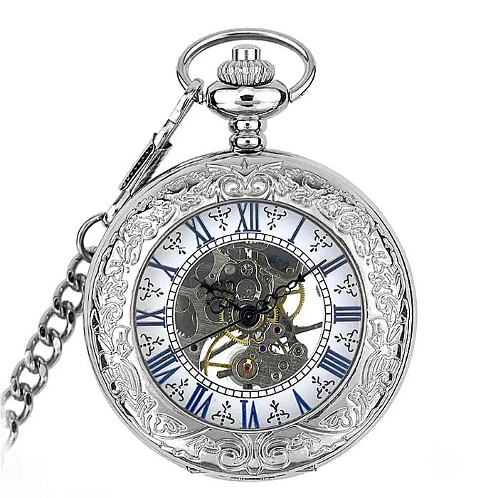 Ceas de buzunar vintage Mbrands mecanic skeleton argintiu [1]