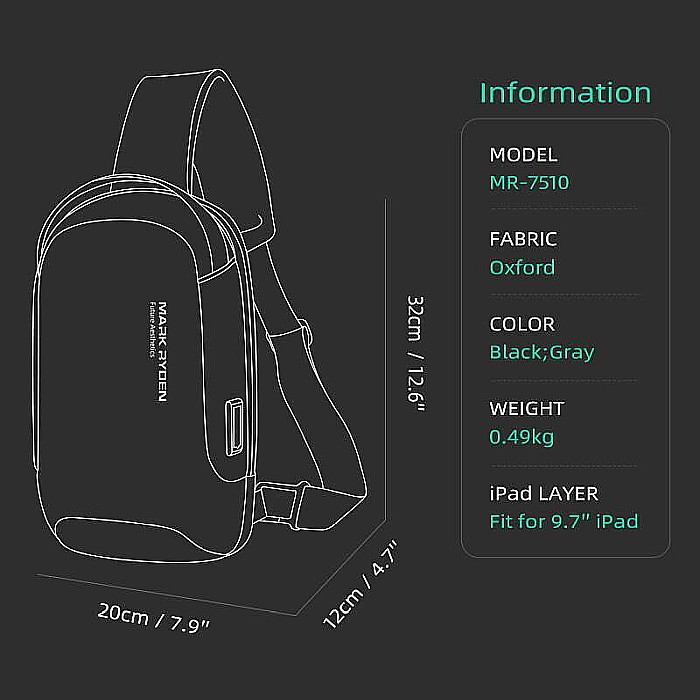 Geanta umar Smart Mark Ryden USB, impermeabila , buzunar pentru ipad 9.7 inch , negru , 32X20x12 cm [3]