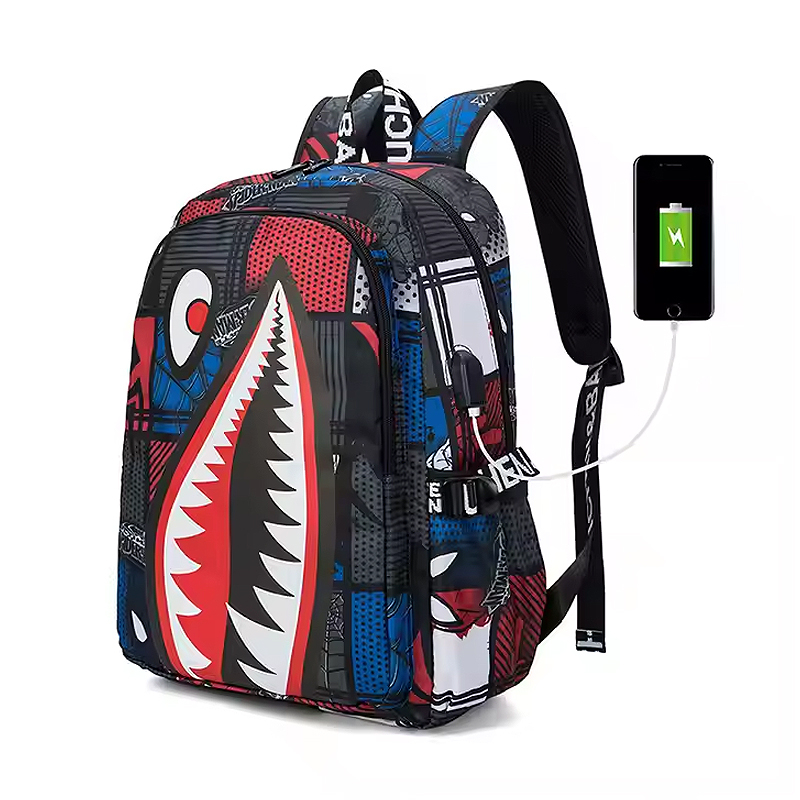 Ghiozdan scoala, MBrands, Imprimeu rechin, Rezistent la apa, port usb [3]