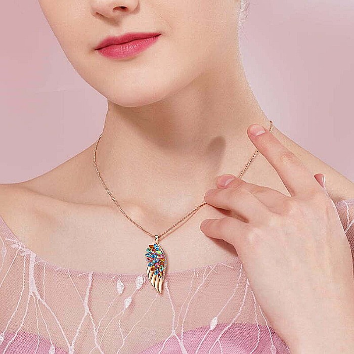 Lantisor + Colier Placat cu Aur Rose 18 k, cristale Austria, forma aripa inger [2]