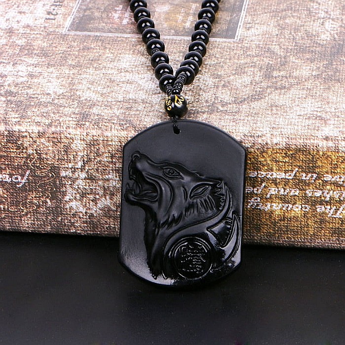 Medalion barbatesc MBrands Dog Tag din piatra neagra Obsidian cu lup [1]