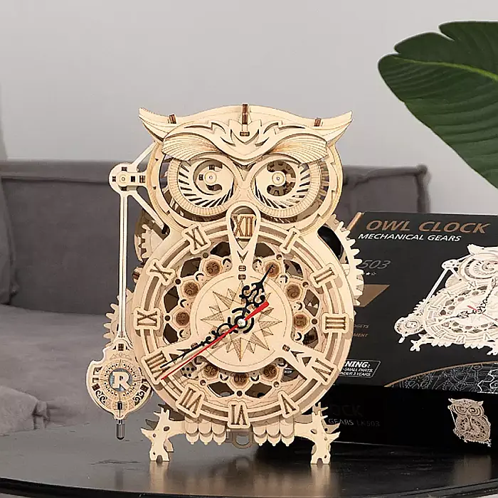 Puzzle mecanic 3D Bufnita cu ceas functional, DIY [5]