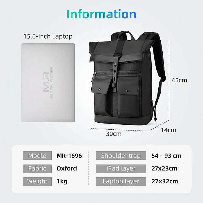Rucsac barbati Mark Ryden retro pentru laptop cu extensie de 15 cm, impermeabil [2]