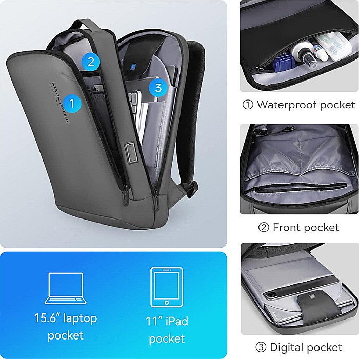 Rucsac barbati Mark Ryden Smart , Laptop de 15.6, rezistent la apa USB si micro USB, slim, gri [2]