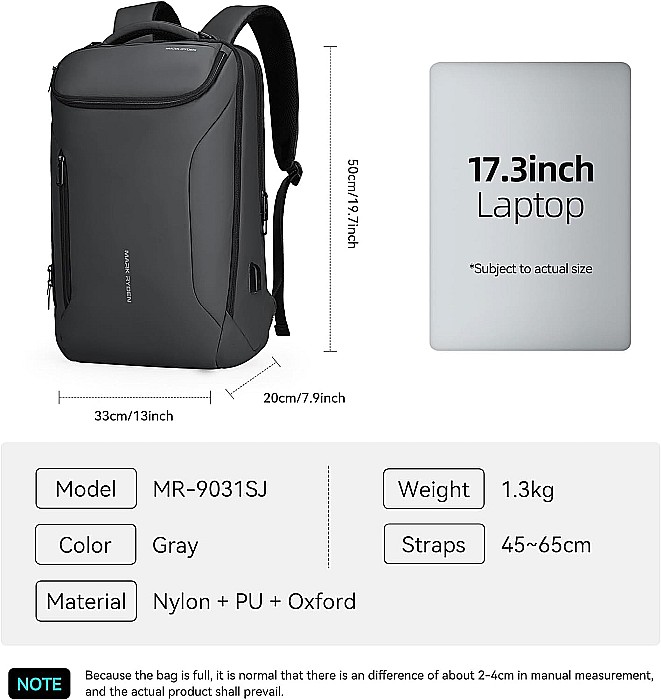 Rucsac barbati Mark Ryden Smart , Laptop de 17.3, rezist la apa, port USB, 32L, 50 x 30 x 20 cm, gri [2]