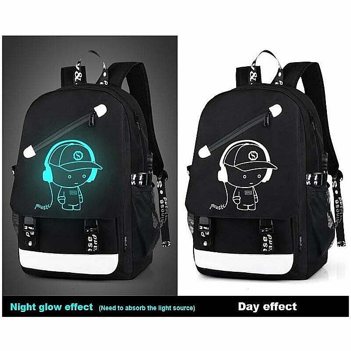 Rucsac, ghiozdan Smart, waterproof, cu design fosforescent, incarcare USB, spatiu casti, Music boy design [8]