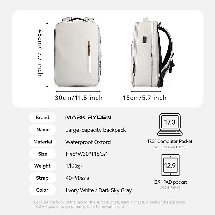 Rucsac Mark Ryden Smart, port USB, buzunar laptop 17.3, rezistent la apa, buzunar card protectie RFID, alb [6]