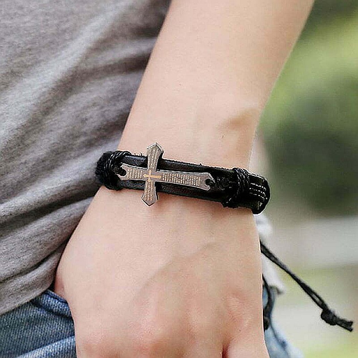 Set 2 bratari MBrands pentru barbati, din piele naturala, cruce cu rugaciune, maro si negru [3]