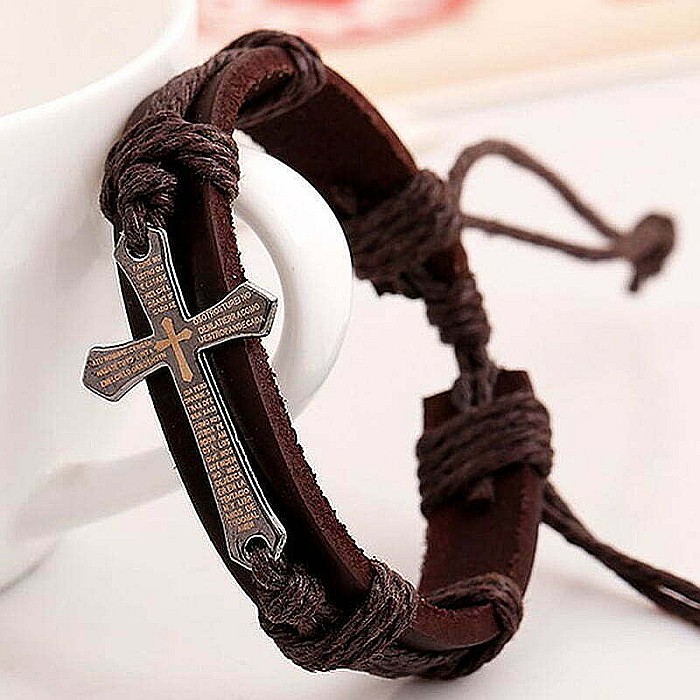 Set 2 bratari MBrands pentru barbati, din piele naturala, cruce cu rugaciune, maro si negru [4]