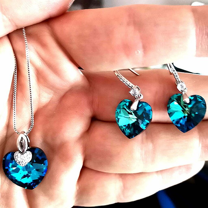 Set Colier si cercei dama MBrands Placat cu Aur Alb, cristale austria, forma inima [2]