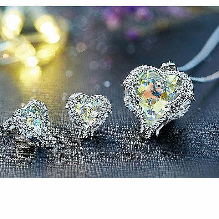 Set Colier si cercei MBrands Placat cu Aur Alb, cristale Austria, forma inima [2]