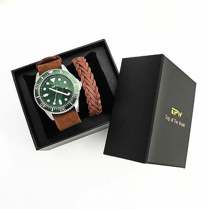 Set de barbati MBrands  ceas quartz cu data, curea din piele si bratara din piele [7]