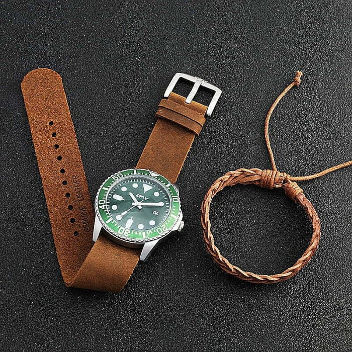 Set de barbati MBrands  ceas quartz cu data, curea din piele si bratara din piele [2]