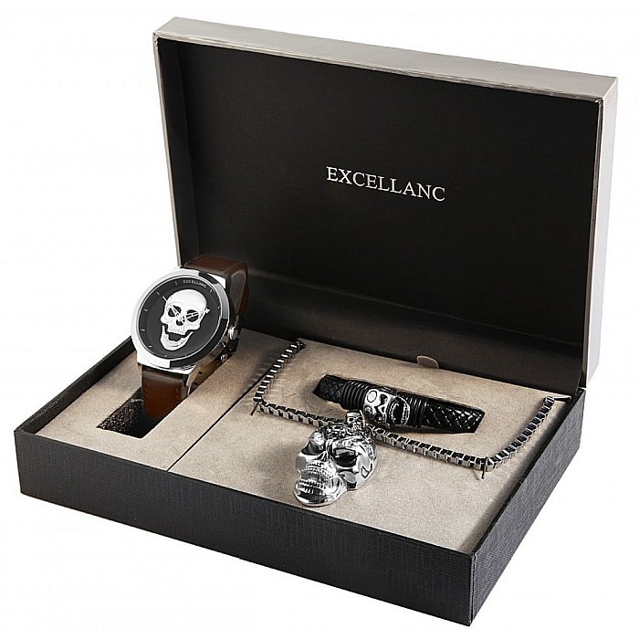 Set Excellanc de barbati cu ceas. bratara, colier , forma cap de mort [3]