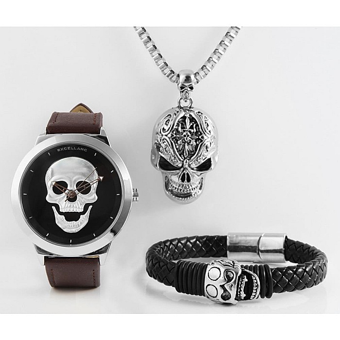Set Excellanc de barbati cu ceas. bratara, colier , forma cap de mort [2]