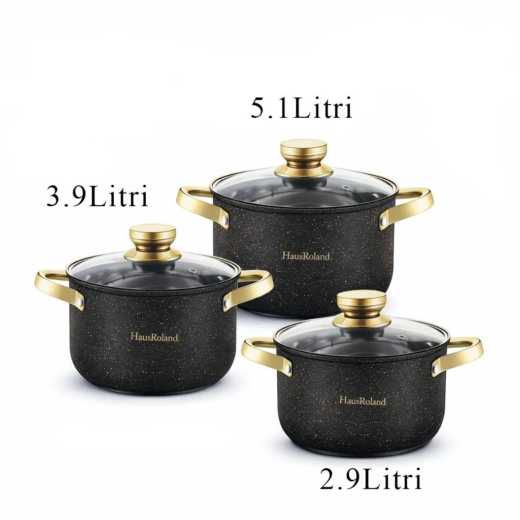 Set oale HausRoland cu înveliș granitat și capace din sticlă, 6 piese, negru [3]