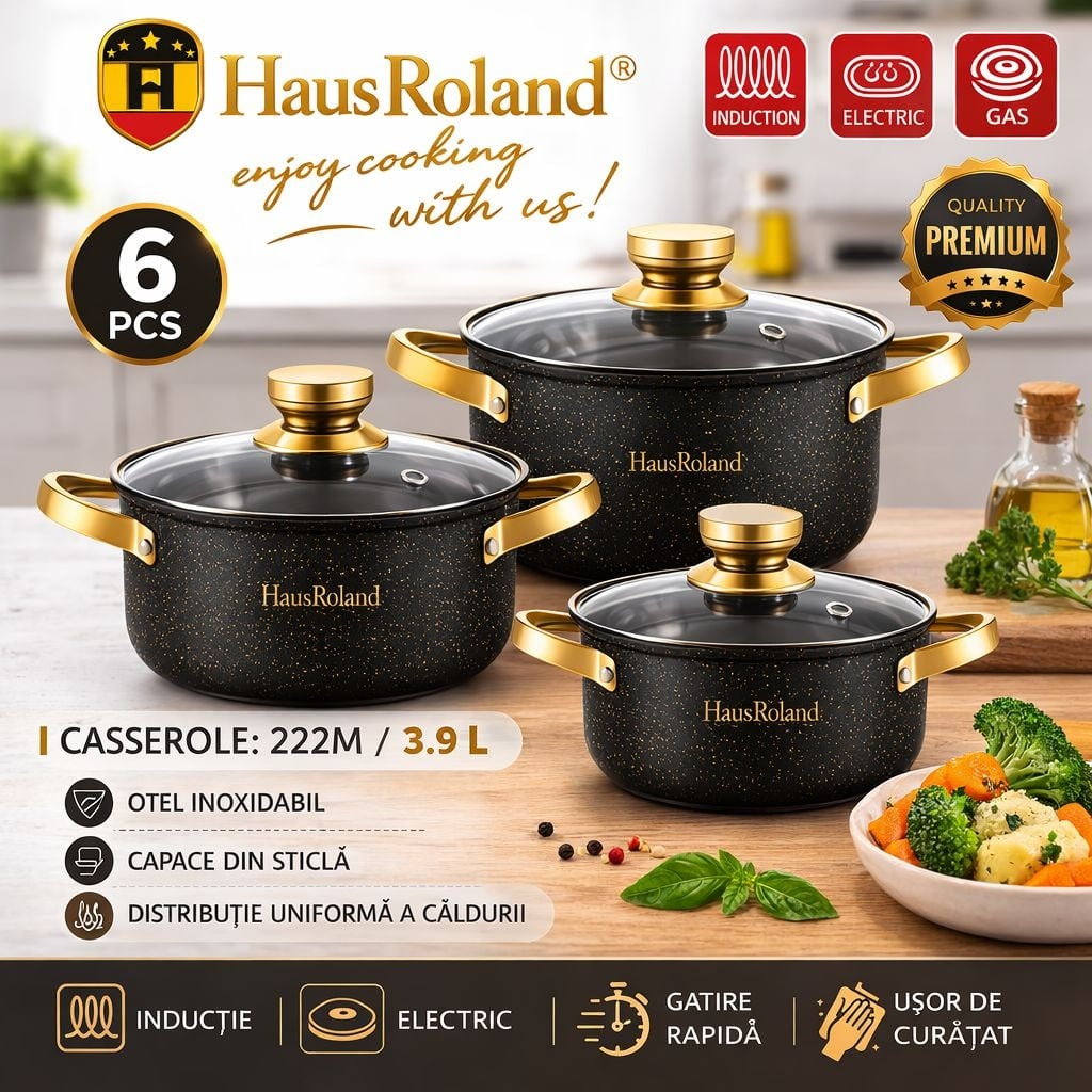 Set oale HausRoland cu înveliș granitat și capace din sticlă, 6 piese, negru [2]