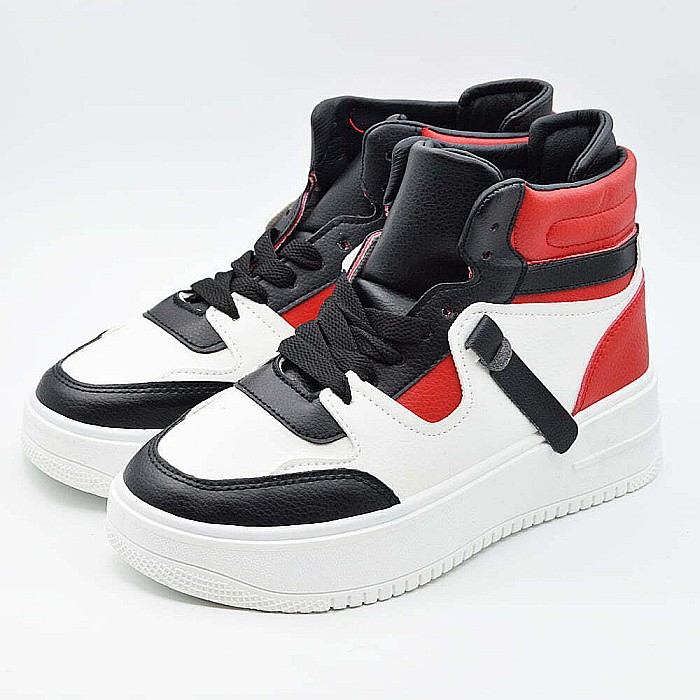 Sneakers Dama MBrands cu talpa flexibila, Hi Top, culoare alb negru rosu 22D01 [3]