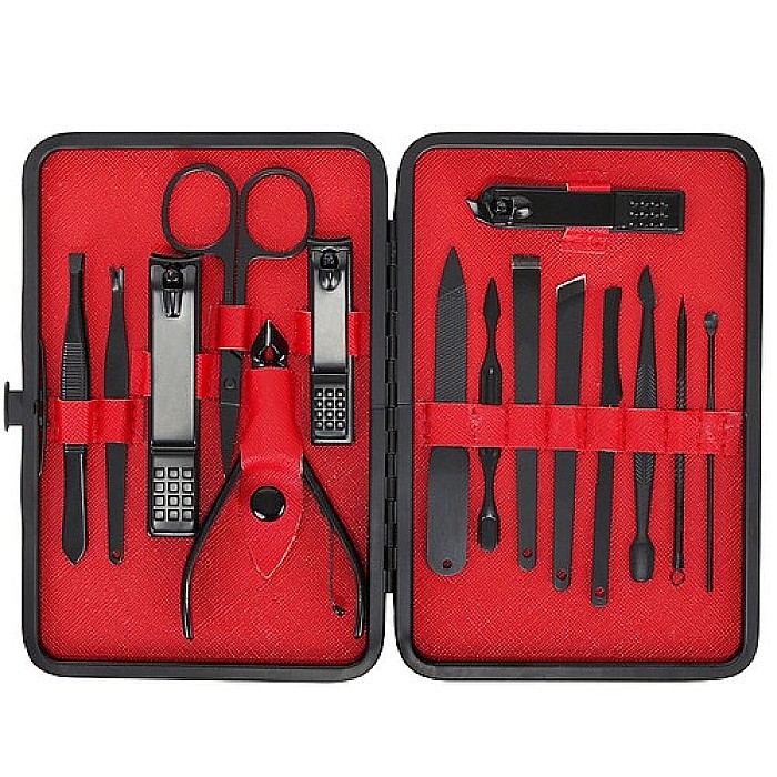 Trusa de unghii MBrands 15 piese, manichiura, indepartare puncte negre, penseta si instrument curatare auriculara cu clutch transport, negru [3]