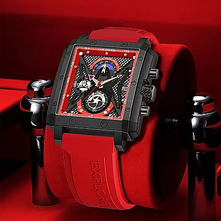 Ceas barbatesc Lige Maritim , quartz ,curea silicon rosu, chronograf, indici zi noapte [3]