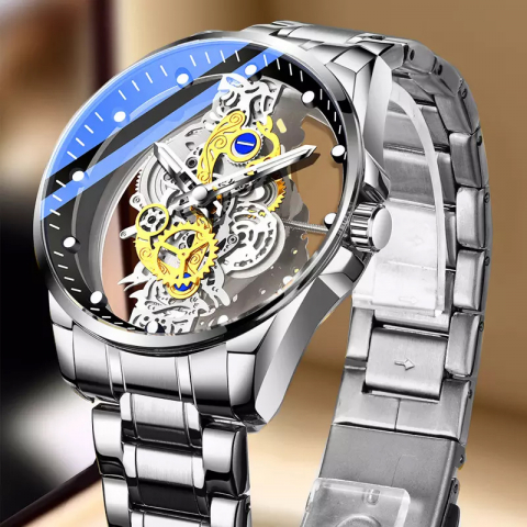 Ceas barbatesc luxury MBrands quartz, bratara inox, spate transparent, secundar forma rotita [1]