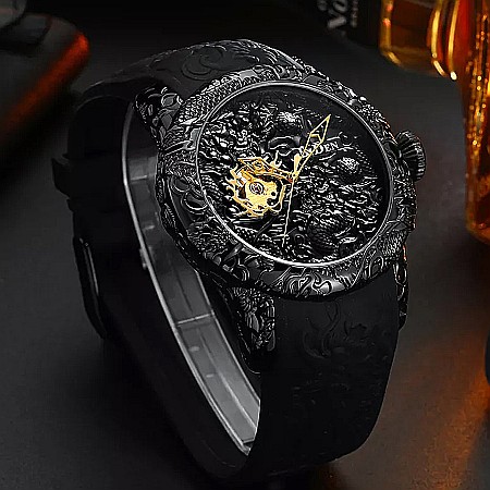 Ceas de barbat Biden lux, automatic, curea din silicon negru, skeleton [5]