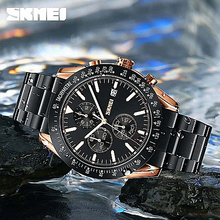 Ceas de barbati Skmei 9253 curea inox, afisaj data, chronograf [4]