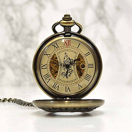 Ceas de buzunar Gorben skeleton cu insertie aspect lemn si lant Mecanic Vintage [2]