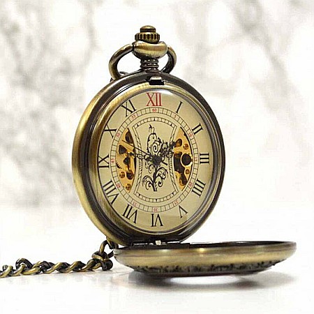 Ceas de buzunar Gorben skeleton cu insertie aspect lemn si lant Mecanic Vintage [3]