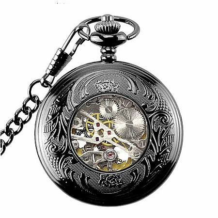 Ceas de buzunar MBrands, negru cu albastru, skeleton, Mecanic, cu lant , stil Vintage [3]