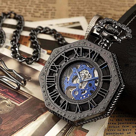 Ceas de Buzunar - Ceas de buzunar MBrands, negru cu albastru, skeleton, Mecanic, cu lant , stil Vintage, octagon