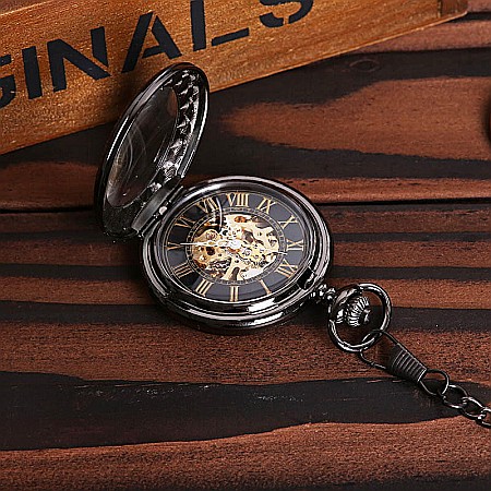 Ceas de buzunar MBrands, negru cu auriu, skeleton, Mecanic, cu lant , stil Vintage , cutie [3]