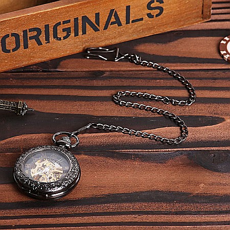 Ceas de buzunar MBrands, negru cu auriu, skeleton, Mecanic, cu lant , stil Vintage , cutie [4]
