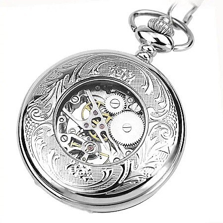 Ceas de buzunar vintage Mbrands mecanic skeleton argintiu [4]