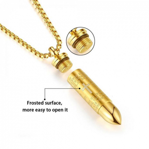 Colier, lant cu pandantiv in forma de glont cu deschidere, inscriptionata rugaciunea " Tatal Nostru" [3]