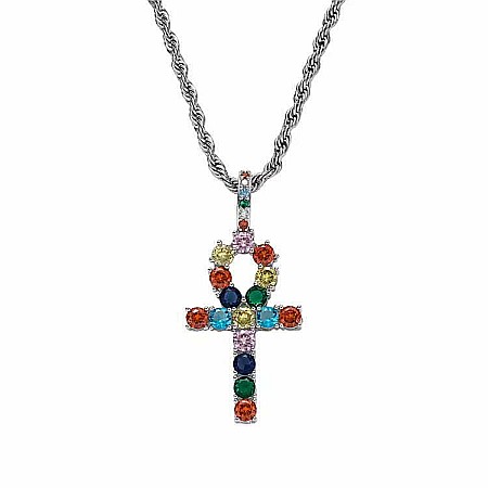 Coliere | Cercei - Colier MBrands cu pandantiv in forma ankh, cristale zirconiu colorate