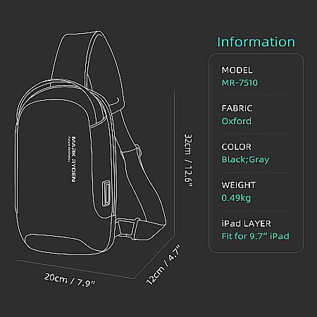 Geanta umar Smart Mark Ryden USB, impermeabila , buzunar pentru ipad 9.7 inch , negru , 32X20x12 cm [2]
