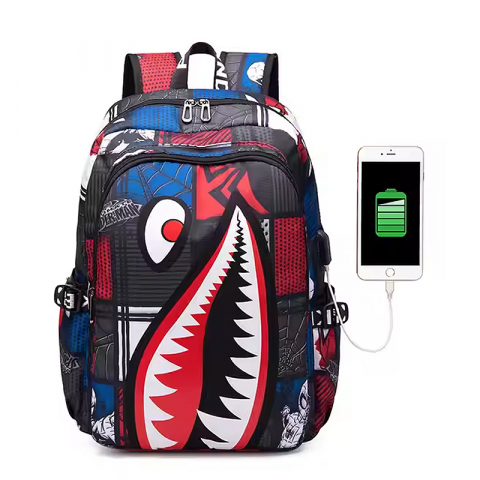 Ghiozdan scoala, MBrands, Imprimeu rechin, Rezistent la apa, port usb [1]